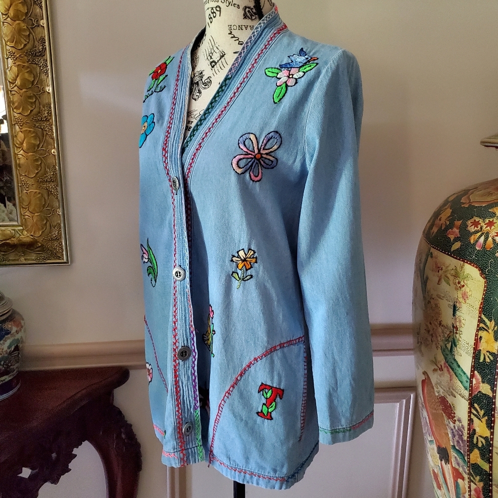 Groovy Vintage Hand Embroidered Lightweight Denim Shacket - Picture 4 of 15